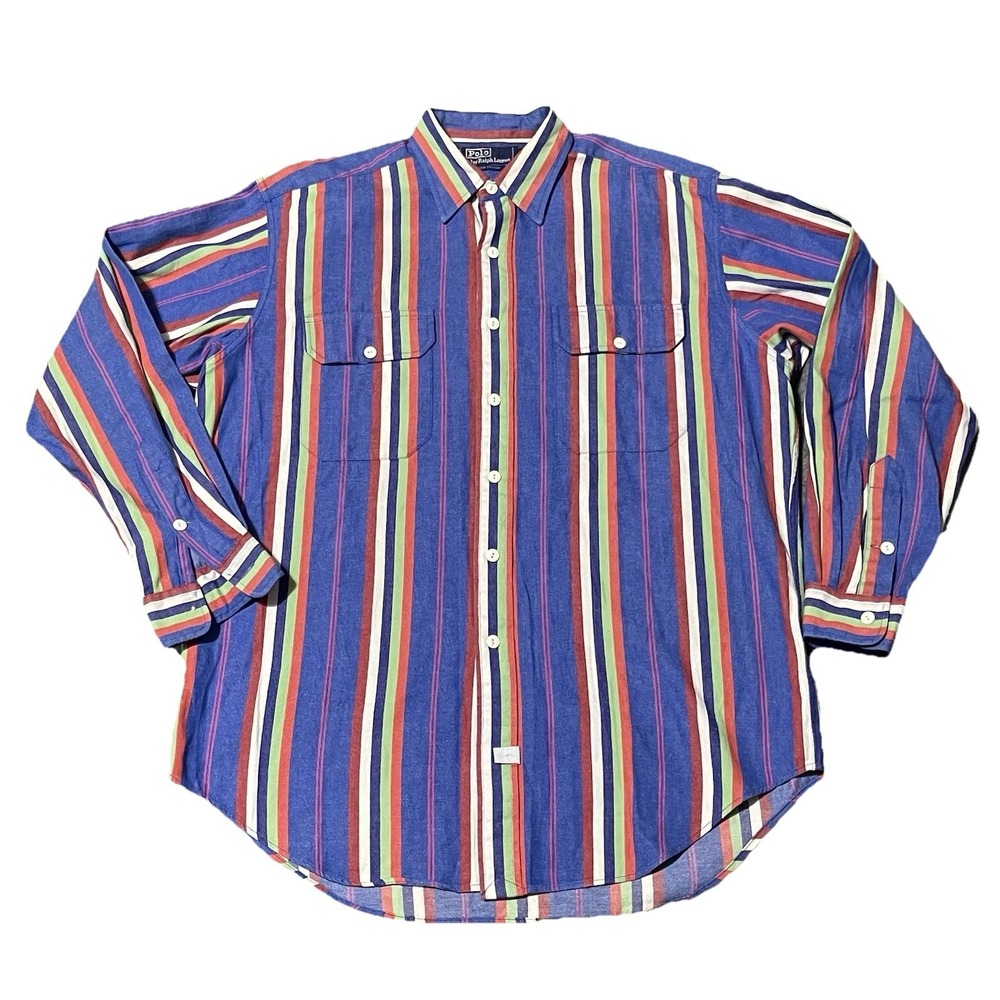 VTG Polo Ralph Lauren Shirt Men Medium Blue Red‎ Stripe Western Y2K Preppy